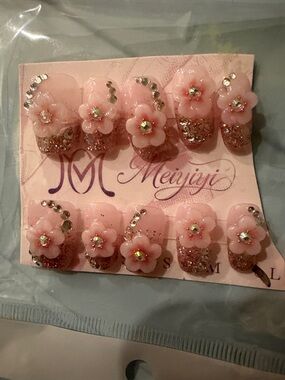 Pink Glitter 3D Flower handmade Press-On Nails